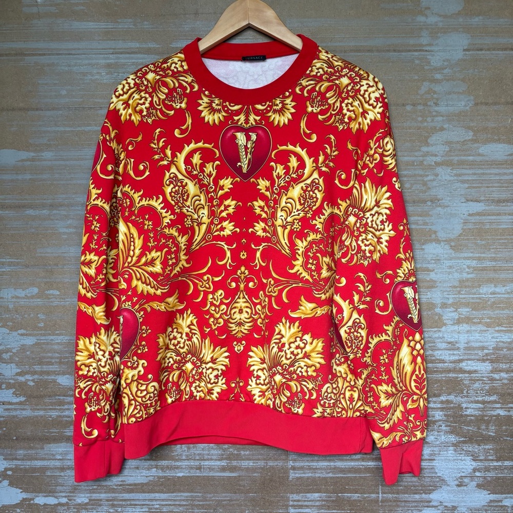 Versace Red Gold Baroque Sweatshirt Classic Preppy Logo Oversized Womens S